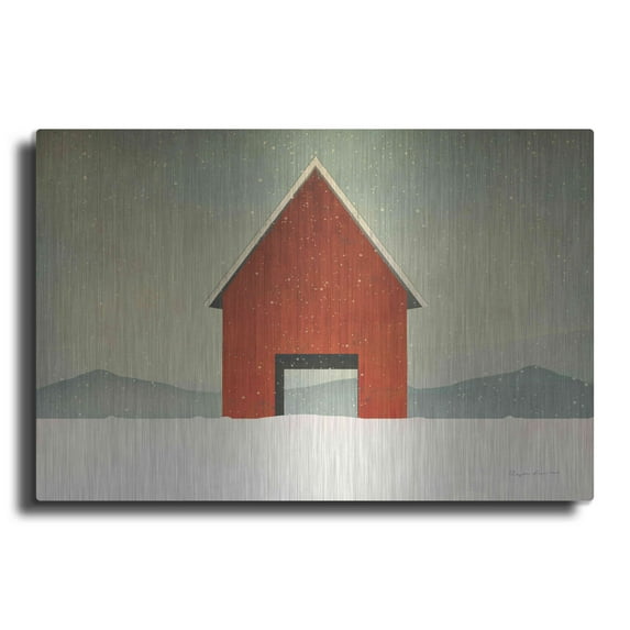 Luxe Metal Art 'Red Barn Winter' by Ryan Fowler, Metal Wall Art, 24"x16"