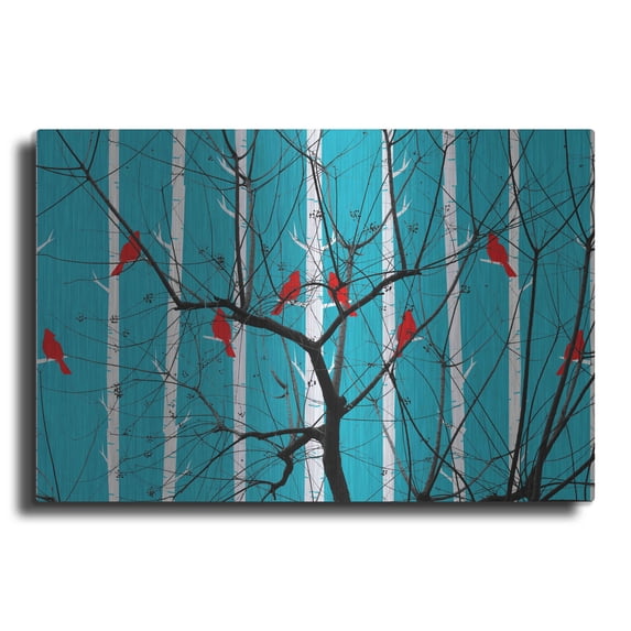 Luxe Metal Art 'Red Burds And Brunches' by Ata Alishahi, Metal Wall Art, 24"x16"