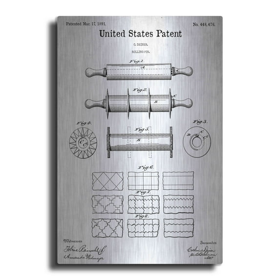 Luxe Metal Art 'Rolling Pin Blueprint Patent White' Acrylic Glass Wall Art, 24"x36"