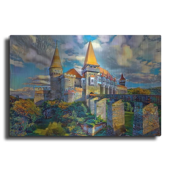 Luxe Metal Art 'Romania Hunedoara Hunyadi Corvin Castle' by Pedro Gavidia Metal Wall Art, 16" x 12"