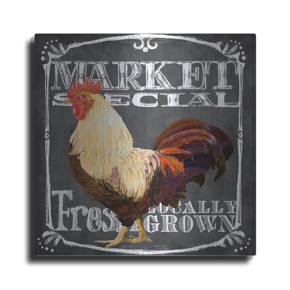 Luxe Metal Art 'Rooster On Chalkboard 4'  by Art Licensing Studio Metal Wall Art, 12" x 12"