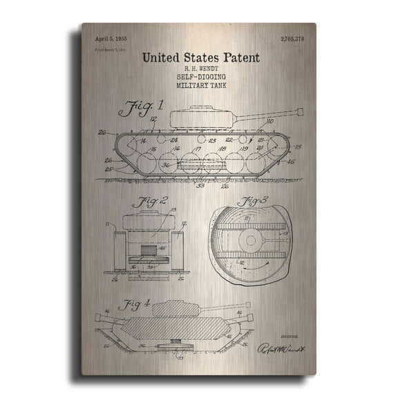 Luxe Metal Art 'Self-Digging Military Tank Blueprint Patent Parchment' Metal Wall Art, 12"x16"
