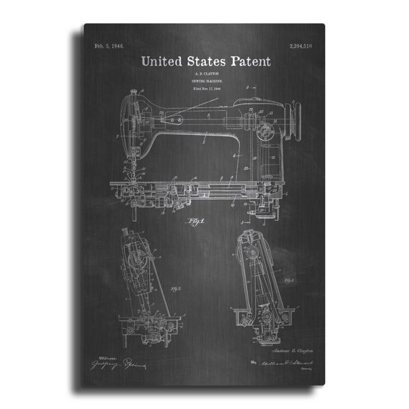 Luxe Metal Art 'Sewing Machine Blueprint Patent Chalkboard' Metal Wall Art, 24"x36"