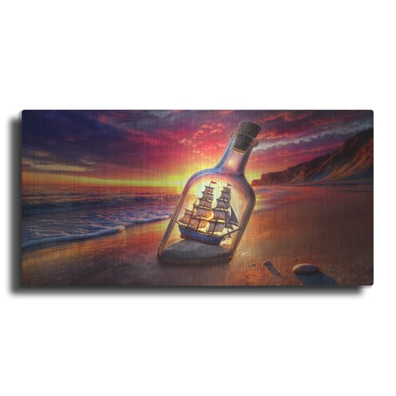 Luxe Metal Art 'Ship In A Bottle' by Rey Klimt Metal Wall Art, 24" x 12"