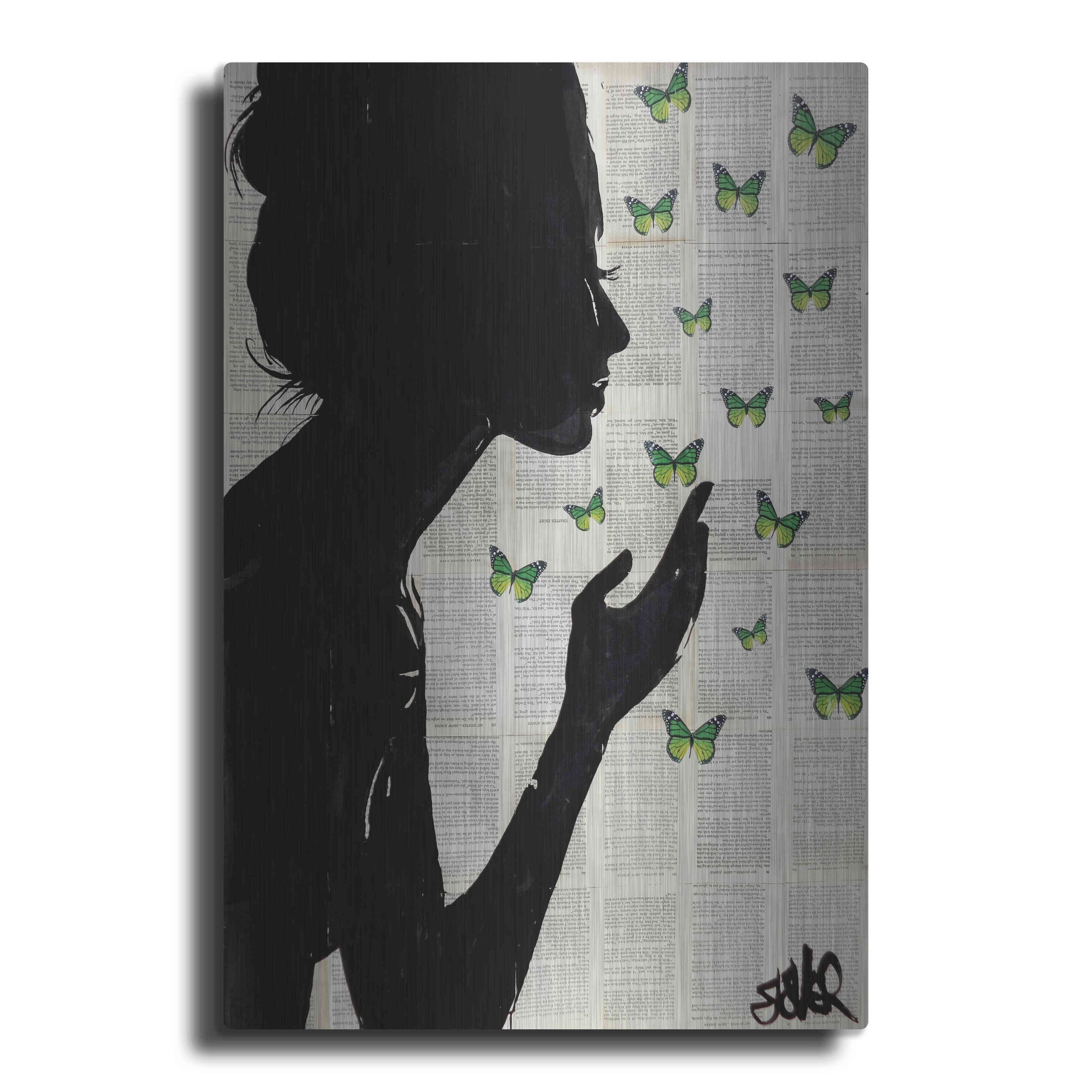 Simplicity Green Metal Wall Art with Silhouette and Butterflies, 12" x 16"