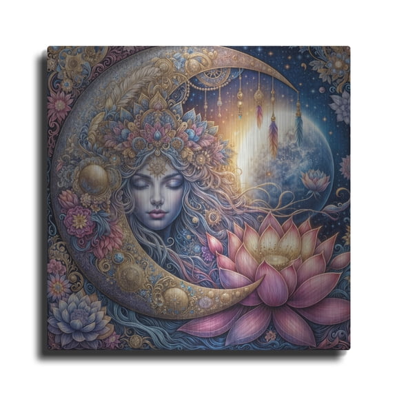 Luxe Metal Art 'Sleeping Moon' by Rey Klimt Metal Wall Art, 12" x 12"
