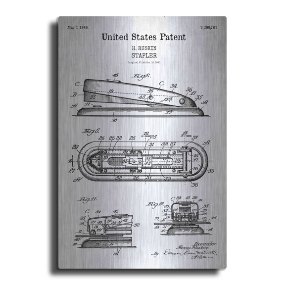 Luxe Metal Art 'Stapler Blueprint Patent White' Acrylic Glass Wall Art, 12"x16"