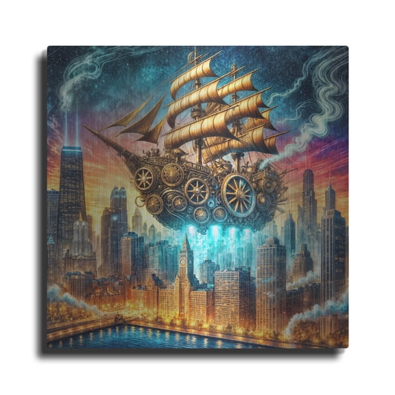 Luxe Metal Art 'Steam Punk Ship In Chicago' by Rey Klimt Metal Wall Art, 12" x 12"