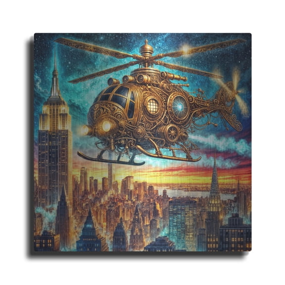Luxe Metal Art 'Steampunk Helicopter Over New York' by Rey Klimt Metal Wall Art, 12" x 12"