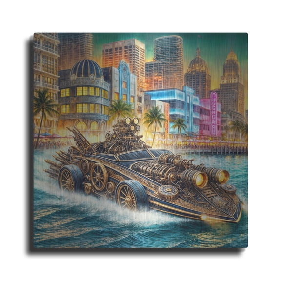 Luxe Metal Art 'Steampunk Speedboat In Miami' by Rey Klimt Metal Wall Art, 12" x 12"