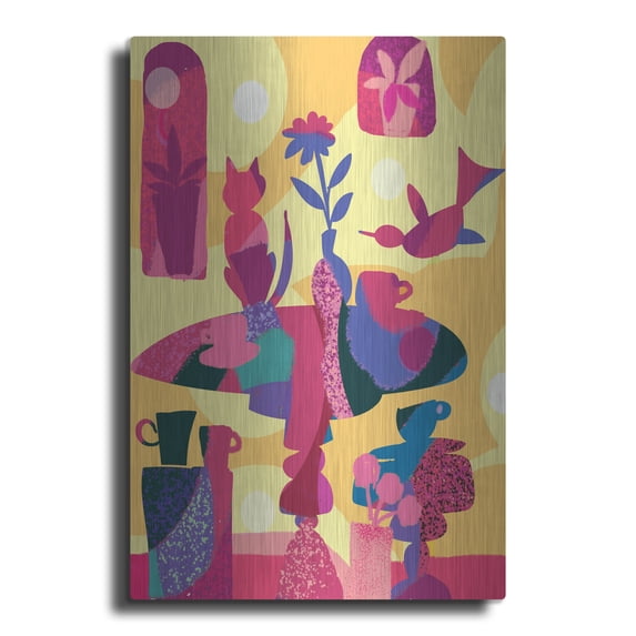 Luxe Metal Art 'Still Life With Cat And Bird' by Holly McGee, Metal Wall Art, 24"x36"