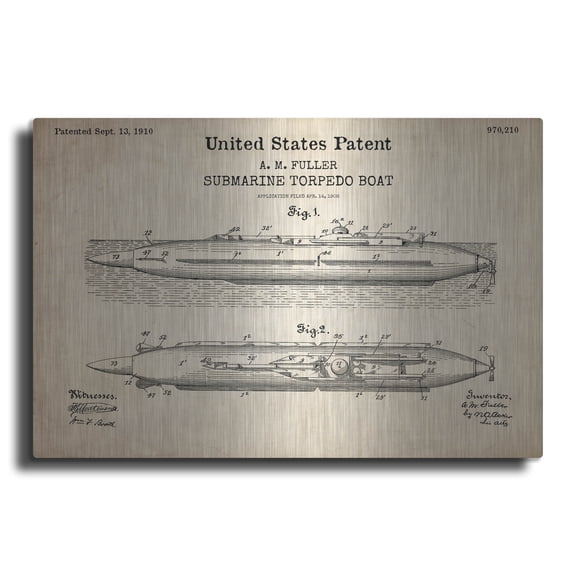 Luxe Metal Art 'Submarine Torpedo Boat Blueprint Patent Parchment,' Metal Wall Art, 16" x 12"