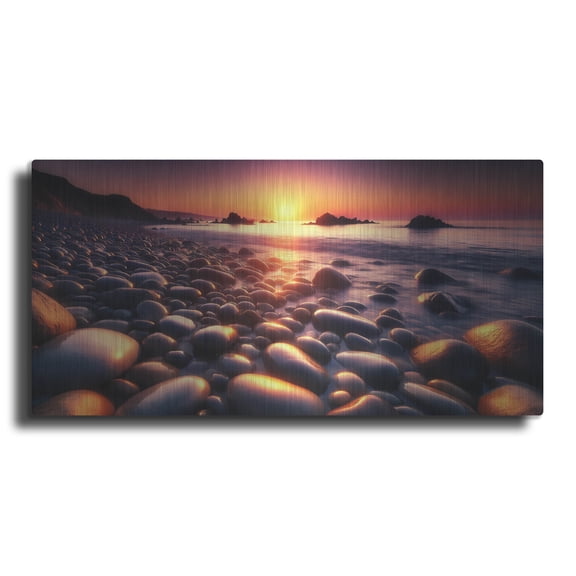 Luxe Metal Art 'Sunset On Rocks Beach' by Rey Klimt Metal Wall Art, 24" x 12"