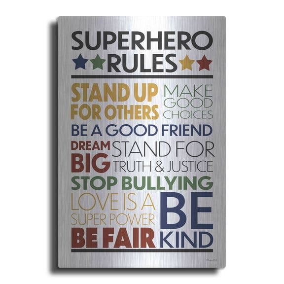 Luxe Metal Art 'Superhero Rules' by Susan Ball, Metal Wall Art, 24"x36"
