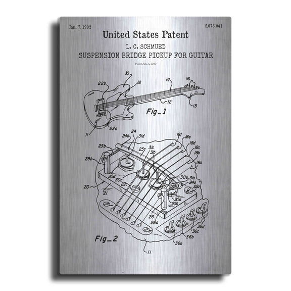 Luxe Metal Art 'Suspension Bridge Pickup for Guitar Blueprint Patent White' Metal Wall Art, 24"x36"