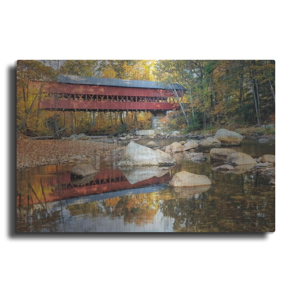 Luxe Metal Art 'Swift River Covered Bridge' by Alan Majchrowicz, Metal Wall Art, 24"x16"