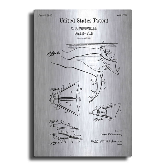 Luxe Metal Art 'Swim Fin Blueprint Patent White' Metal Wall Art, 12"x16"