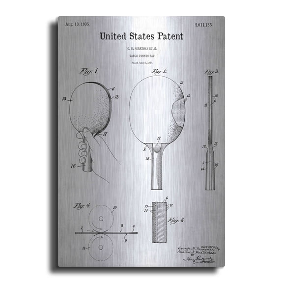 Luxe Metal Art 'Table Tennis Paddle Blueprint Patent White' Acrylic Glass Wall Art, 12"x16"