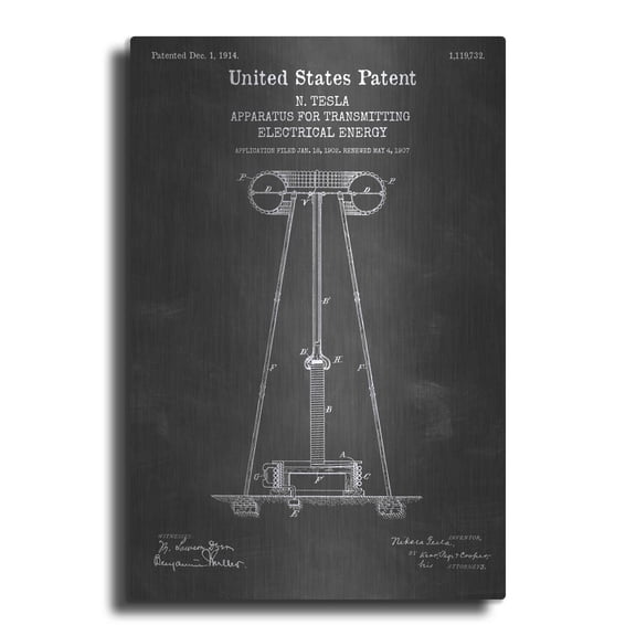 Luxe Metal Art 'Tesla Apparatus for Transmitting Electrical Energy Blueprint Patent Chalkboard' Metal Wall Art, 12"x16"