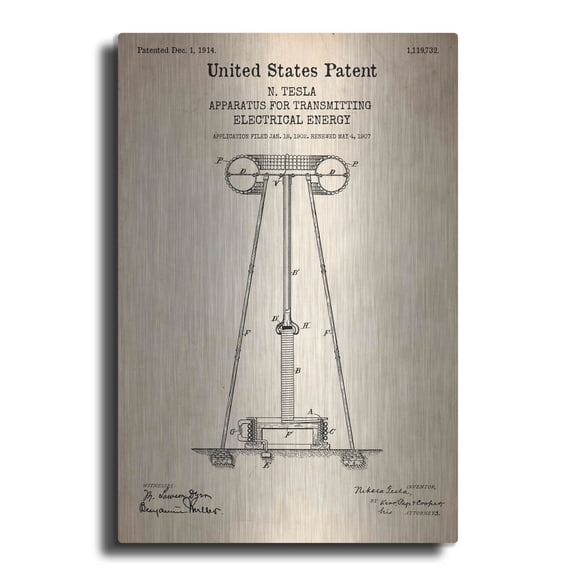 Luxe Metal Art 'Tesla Apparatus for Transmitting Electrical Energy Blueprint Patent Parchment' Metal Wall Art, 12"x16"