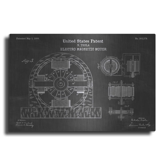 Luxe Metal Art 'Tesla Electro Magnetic Motor Blueprint Patent Chalkboard' Metal Wall Art, 24"x16"