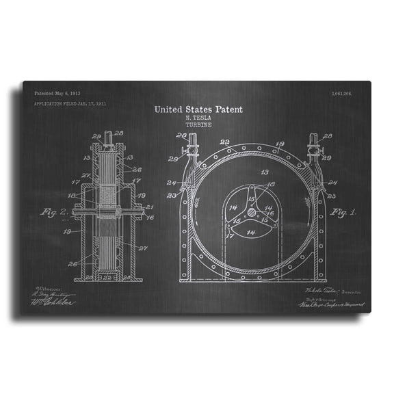 Luxe Metal Art 'Tesla Turbine Blueprint Patent Chalkboard' Metal Wall Art, 16"x12"