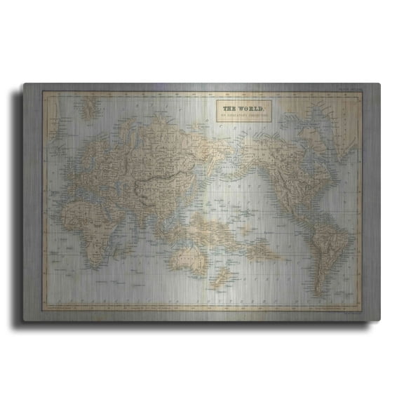 Luxe Metal Art 'The World Map Neutral' by Wild Apple Portfolio, Metal Wall Art, 16"x12"