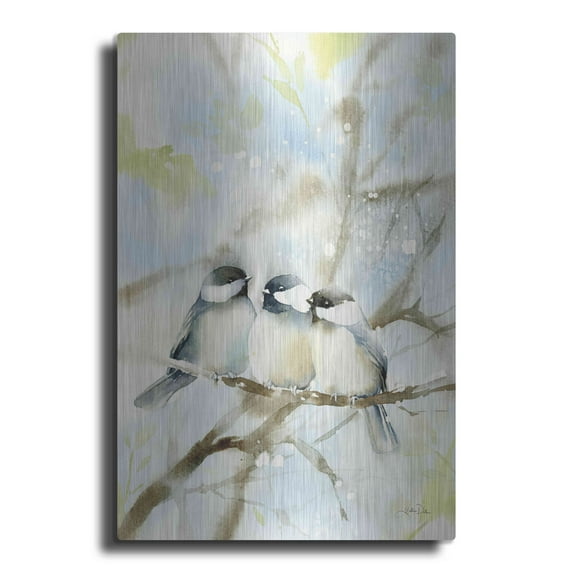 Luxe Metal Art 'Three Chickadees in Spring' by Katrina Pete, Metal Wall Art, 12"x16"