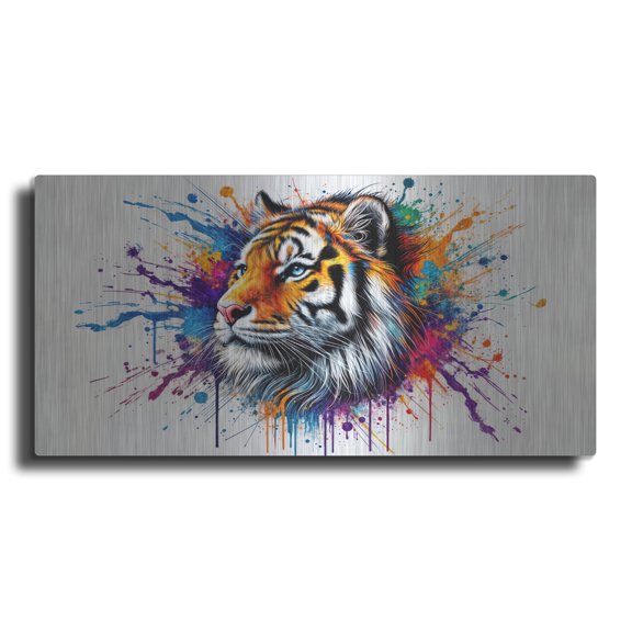 Luxe Metal Art 'Tiger Paint Splashes' by Rey Klimt Metal Wall Art, 24" x 12"