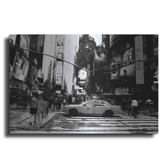 Luxe Metal Art 'Times Square Black And White' by Linda Woods, Metal Wall Art, 16"x12"