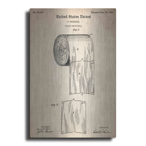 Luxe Metal Art 'Toilet Paper Roll Vintage Patent Blueprint,' Metal Wall Art, 24"x36"