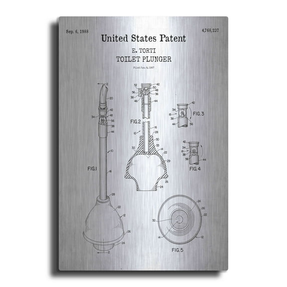 Luxe Metal Art 'Toilet Plunger Blueprint Patent White' Metal Wall Art, 24"x36"