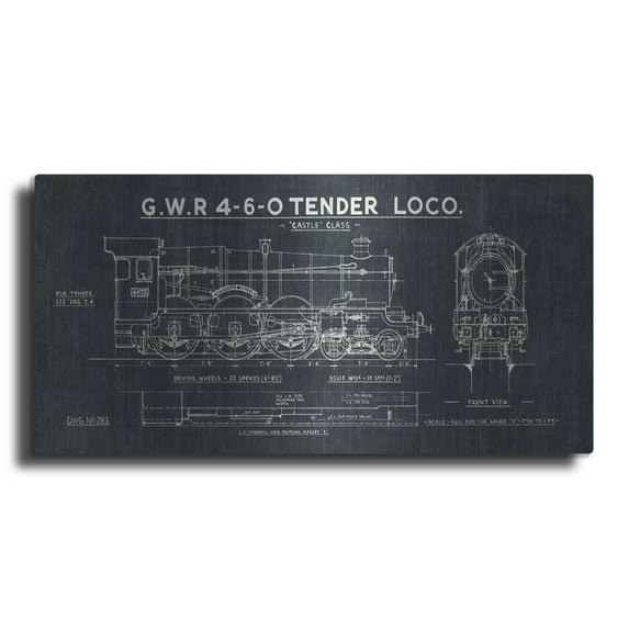 Luxe Metal Art 'Train Blueprint III' by Wild Apple Portfolio, Metal Wall Art, 24"x12"