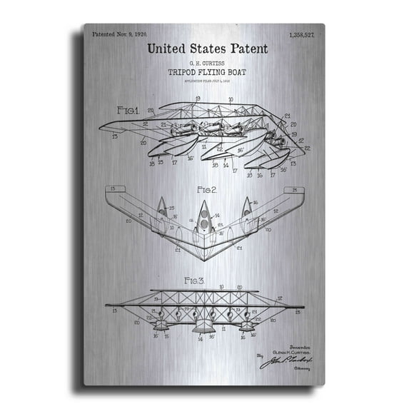 Luxe Metal Art 'Tripod Flying Boat Blueprint Patent White' Acrylic Glass Wall Art, 16"x24"