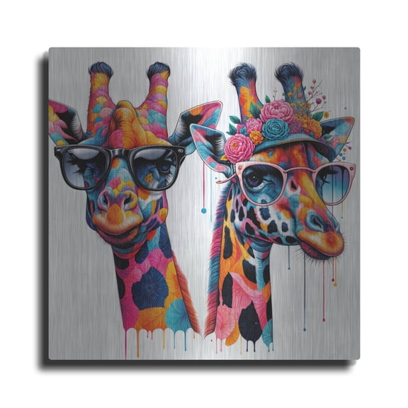 Luxe Metal Art 'Two Giraffes In Sunglasses' by Rey Klimt Metal Wall Art, 24" x 24"