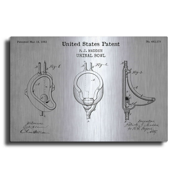 Luxe Metal Art 'Urinal Blueprint Patent White' Metal Wall Art, 36"x24"