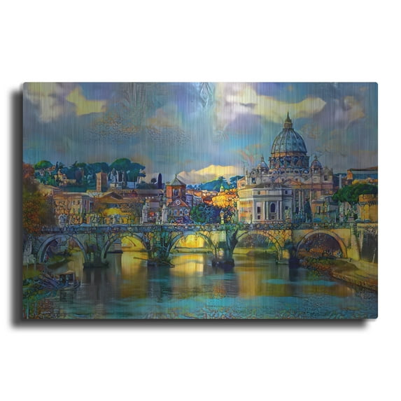 Luxe Metal Art 'Vatican City Saint Peter Basilica and bridge by day' by Pedro Gavidia, Metal Wall Art, 16"x12"