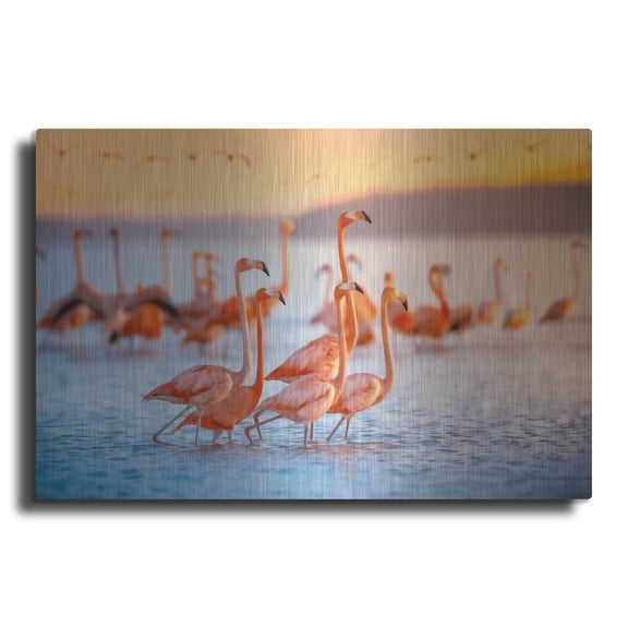 Luxe Metal Art 'Wading Flamingos' by Jonathan Ross, Metal Wall Art, 24"x16"
