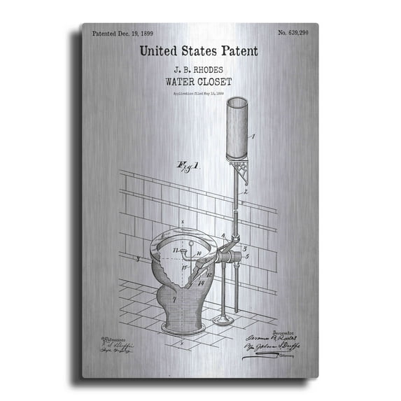 Luxe Metal Art 'Water Closet Blueprint Patent White' Acrylic Glass Wall Art, 24"x36"