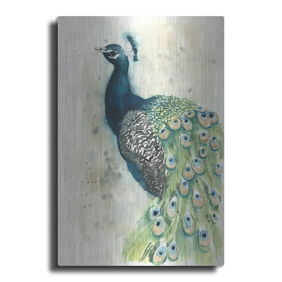 Luxe Metal Art 'Watercolor Peacock Portrait II' by Grace Popp, Metal Wall Art Glass, 12" x 16"