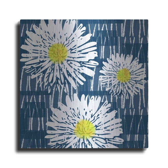 Luxe Metal Art 'White Flowers on Blue' by Linda Woods, Metal Wall Art, 36"x36"
