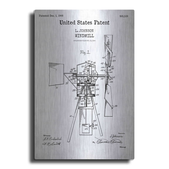 Luxe Metal Art 'Windmill Blueprint Patent White' Acrylic Glass Wall Art, 12"x16"