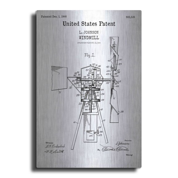 Luxe Metal Art 'Windmill Blueprint Patent White' Metal Wall Art, 24"x36"