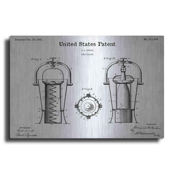 Luxe Metal Art 'Wine Cooler Blueprint Patent White' Metal Wall Art, 16"x12"
