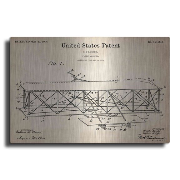 Luxe Metal Art 'Wright Bros. Flying Machine Blueprint Patent Parchment,' Metal Wall Art, 36"x24"