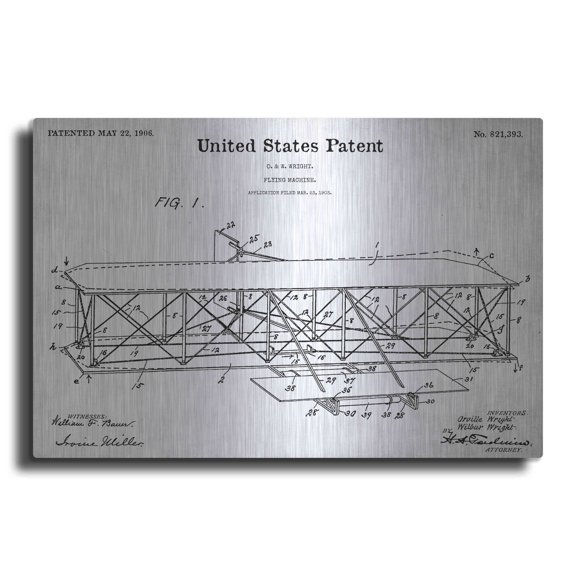 Luxe Metal Art 'Wright Bros. Flying Machine Blueprint Patent White' Acrylic Glass Wall Art, 36"x24"