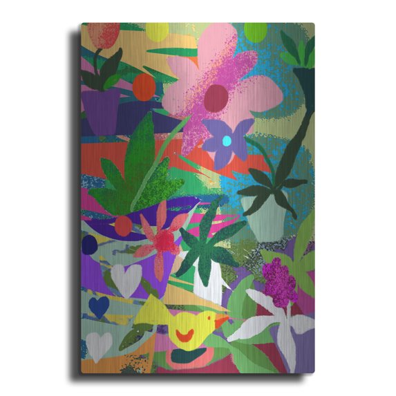 Luxe Metal Art 'Yellow Bird And Flowers' by Holly McGee, Metal Wall Art, 16"x24"