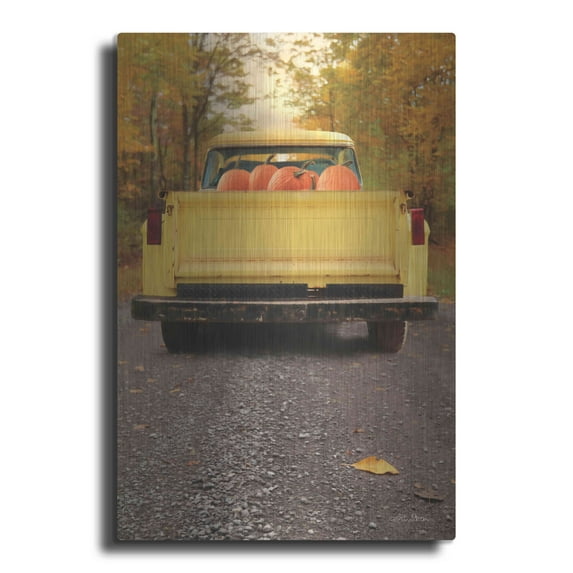 Luxe Metal Art 'Yellow Pumpkin Hauler' by Lori Deiter, Metal Wall Art, 12"x16"