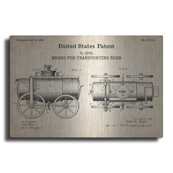 Luxe Metal Art 'transporting beer Blueprint Patent Parchment,' Metal Wall Art, 16" x 12"