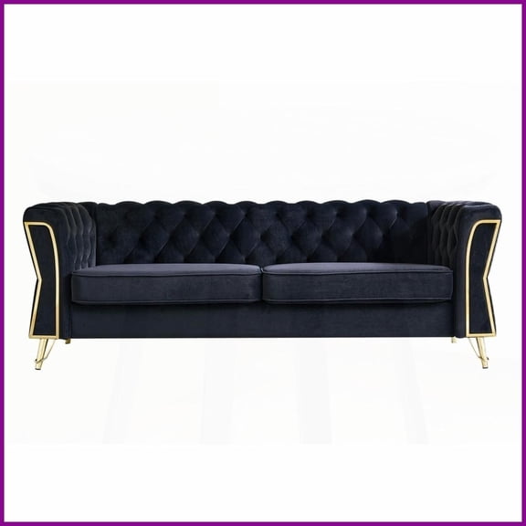 Luxe Modern Tufted Velvet Sofa 87.4 - Black, Gold-Accented Living Room Statement Piece